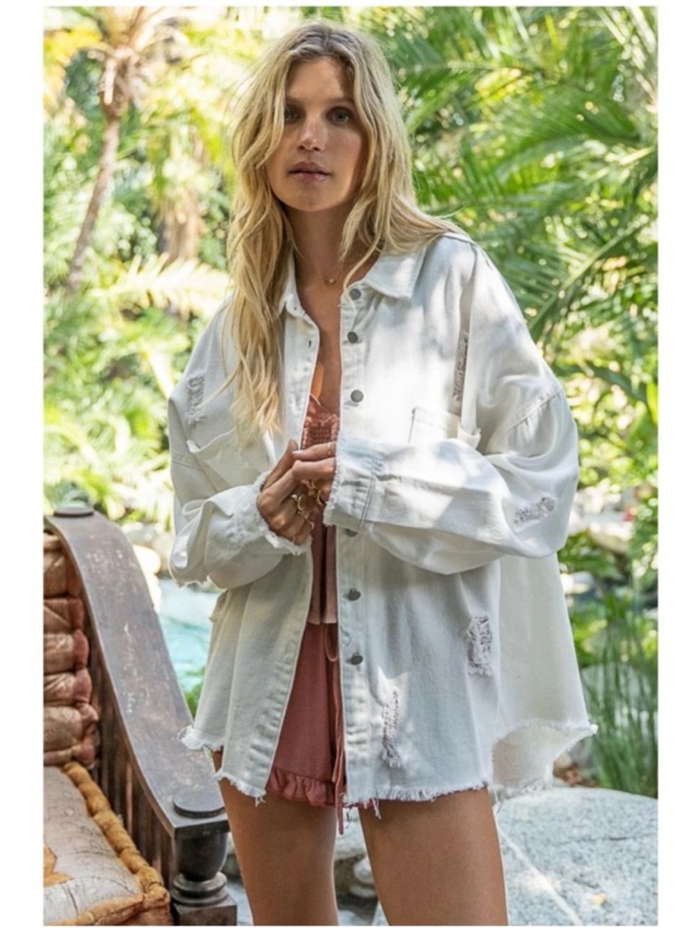 Boutique Distressed Ivory Shacket